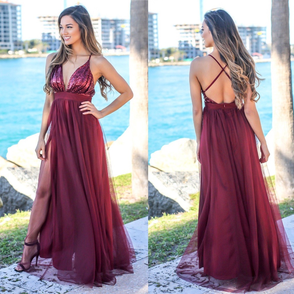 Last one. S Wine Tulle Maxi with sequin